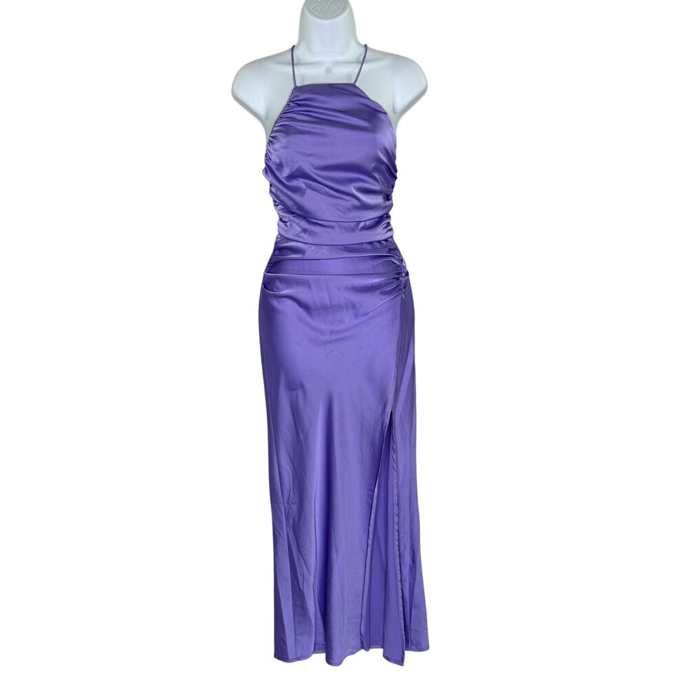 Runaway Satin Ruched Party Dress XS Lilac Purple Crisscross Back High Slit Prom